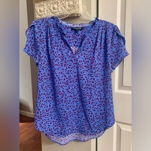 41 Hawthorn Blue and Pink Flutter Sleeve Ruffled Blouse
